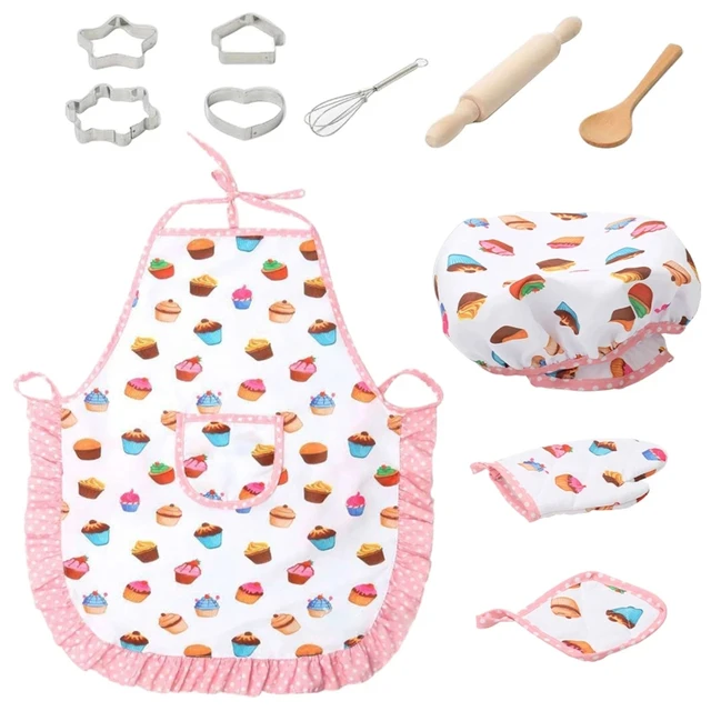 Set da cucina per bambini da 11 pezzi Set da cuoco, include grembiule per  ragazze, cappello da cuoco, guanti e utensili regali per bambini di 3-10  anni P31B