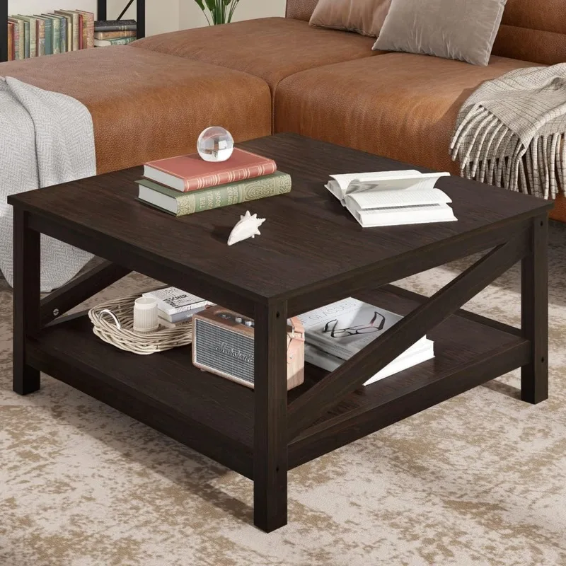 2-Tier Square Coffee Tables with Storage,Coffee Table for Living Room,Center Table Coffee for Home,Wood Living Room 2