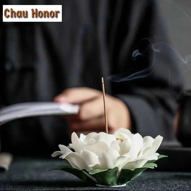 Ceramic White Peony Incense Burner Handmade Household Decor Incense Stick Holder Buddhist Incense Chinese Tea Ceremony Ornaments