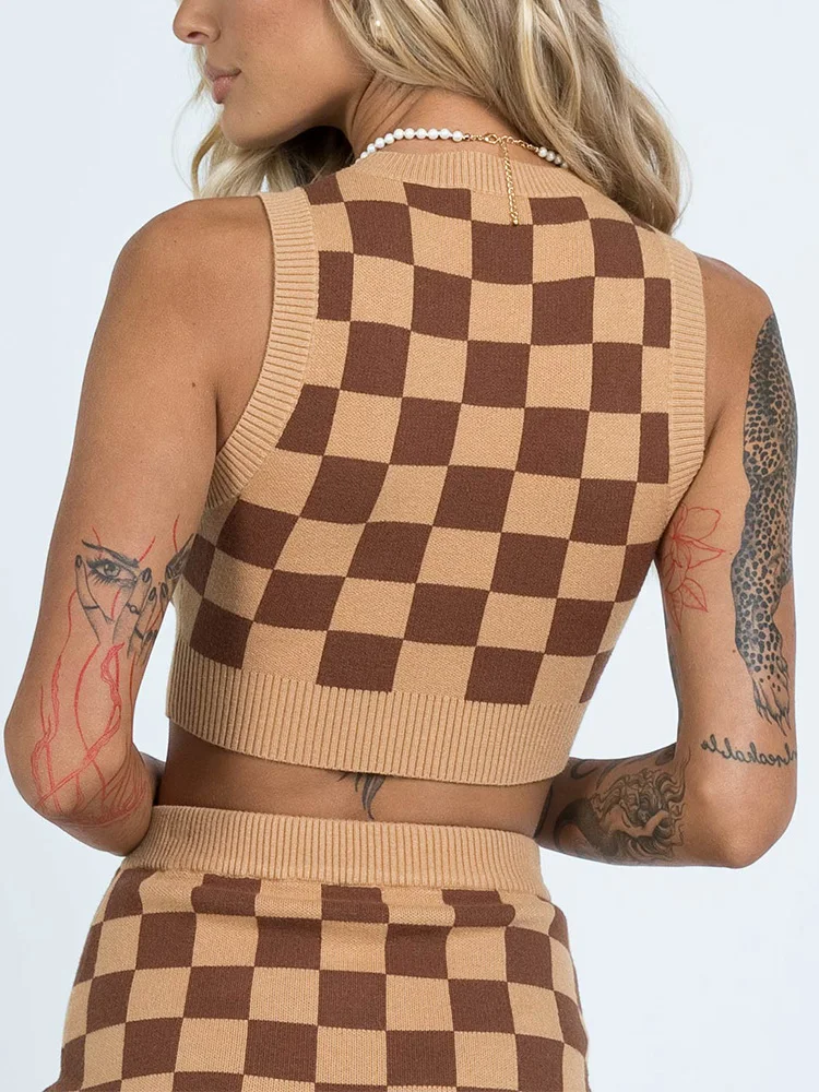 

Летняя майка женская одежда 2022 уличный стиль шахматный вязаный s-образный вырез без рукавов облегающий пикантный укороченный жилет