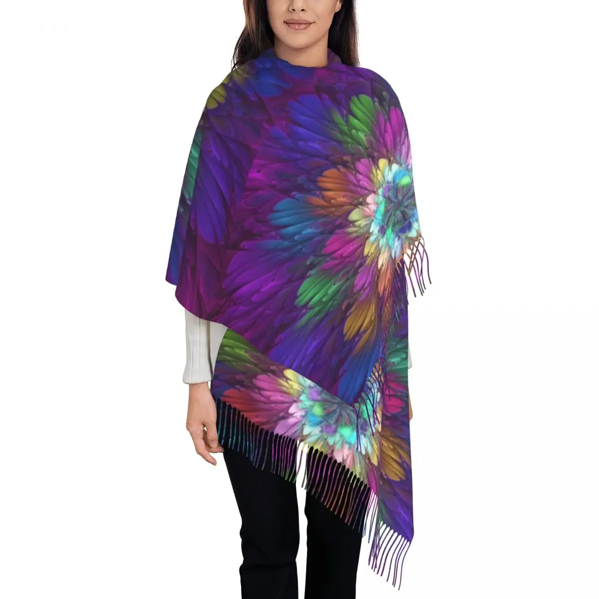 

Разноцветный психоделический цветочный шарф абстрактный Фрактальный искусство сохраняют тепло шали и палантины Женские винтажные шарфы палантины
