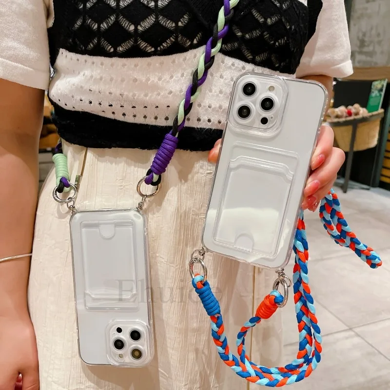 Crossbody Strap Case with Braid Lanyard, Neck Cord, and Clear Card Slot Cover