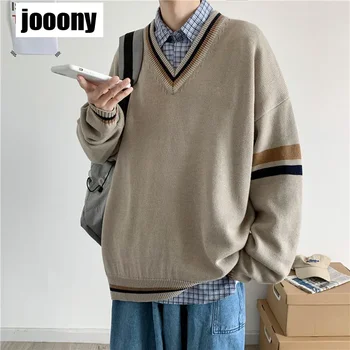 Men's V-neck Sweater Autumn And Winter Knitted Sweater Korean College Style Couple Loose Long Sleeve Top Preppy