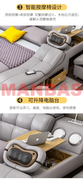 King/Queen Size Tech Smart Bed Ultimate Camas Multifunctional TATAMI Massage Beds Genuine Leather Upholstered Bed with Audio