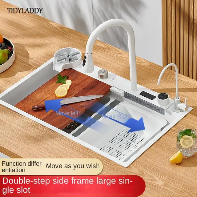 차세대 주방에 필수적인 세련되고 기능적인 흰색 스테인리스 스틸 폭포 수도꼭지