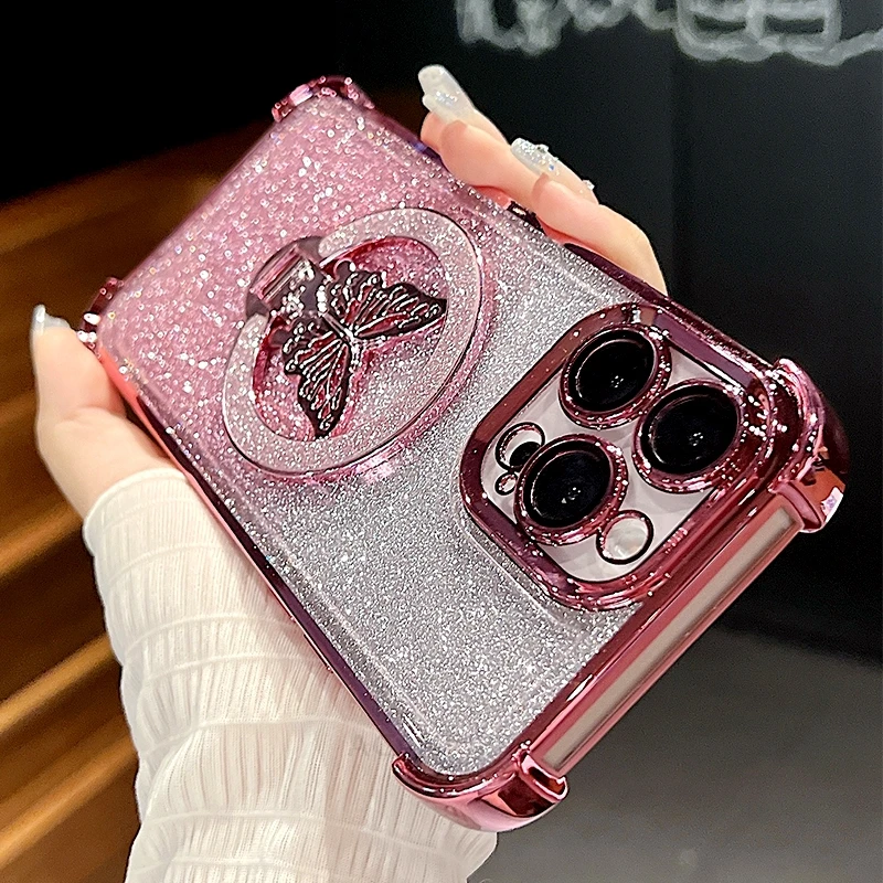 Glitter Butterfly Holder Plating Silicone Shockproof Case Cover