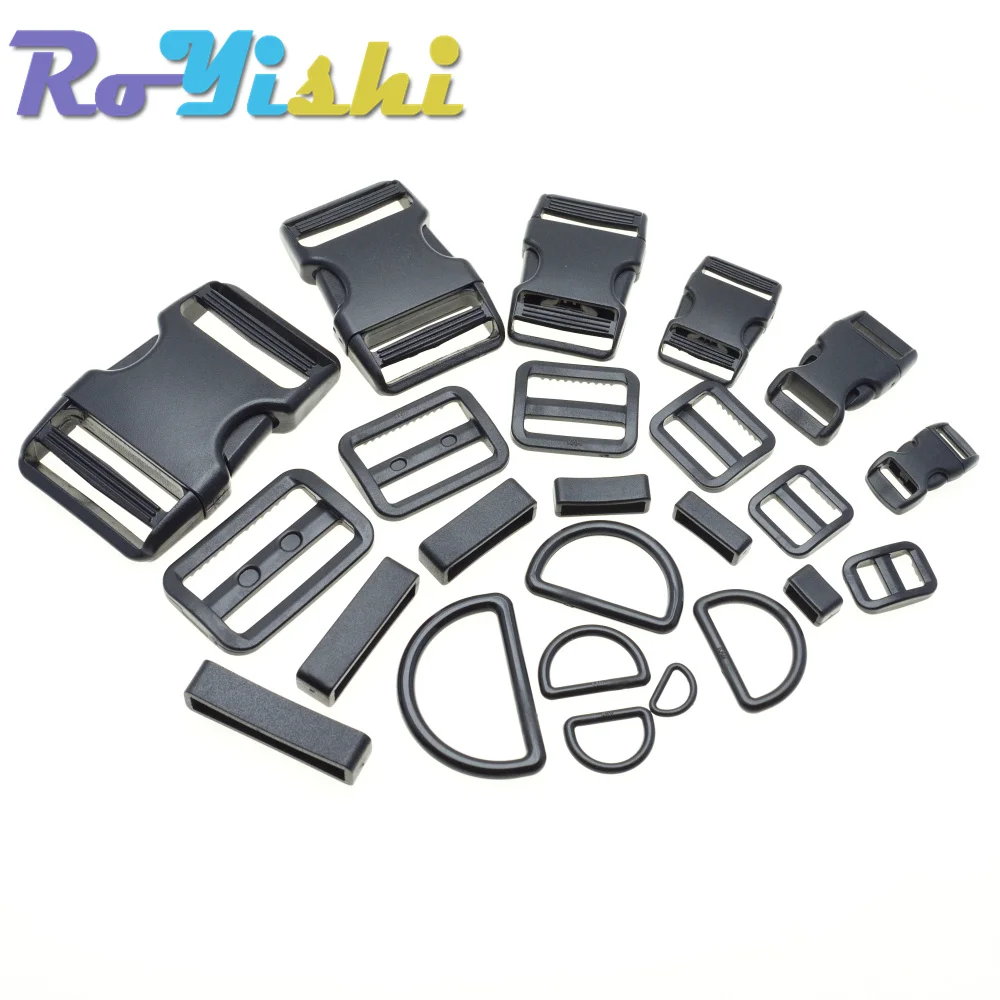 1 Set 10mm 15mm 20mm 25mm 30mm 38mm Plastic Slider Adjustable D Rings Belt Loop Curved Side Release Buckles For Paracord