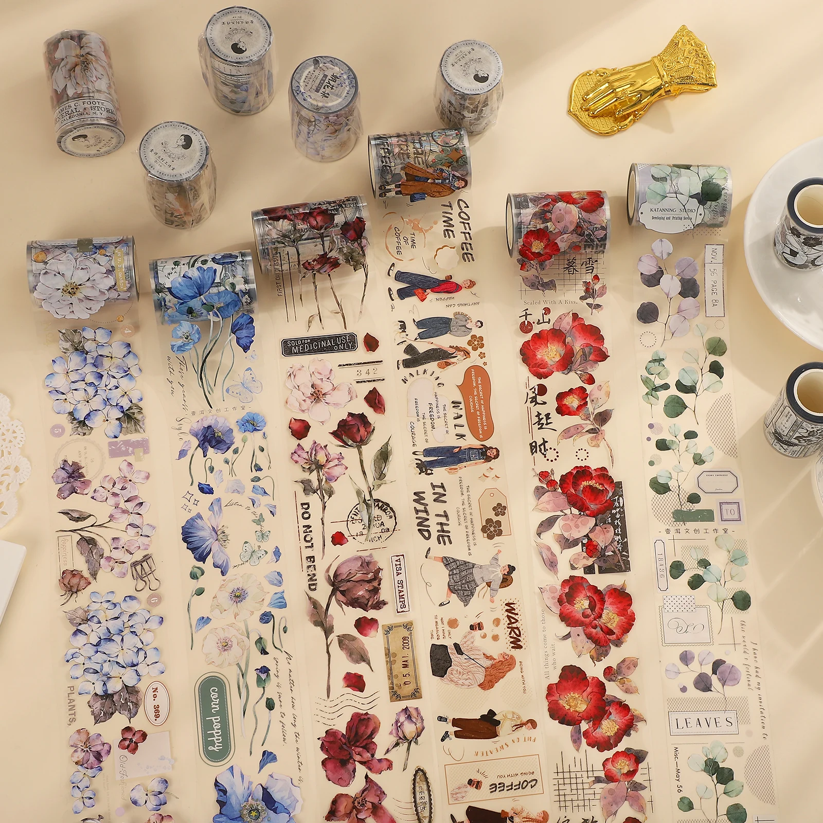 

500cm/600cm Multiple Specifications Vintage Flower Figure Landscaping Glossy PET Tape Creative DIY Decor Collage Stationery