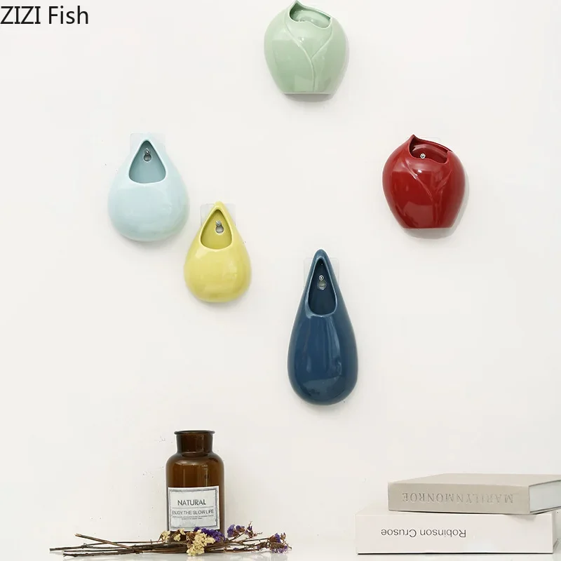 Ceramics Wall Hanging Vases Water Drops Wall Vase Ornaments No-punching Hydroponics Flower Insert Room Background Home Decor 2