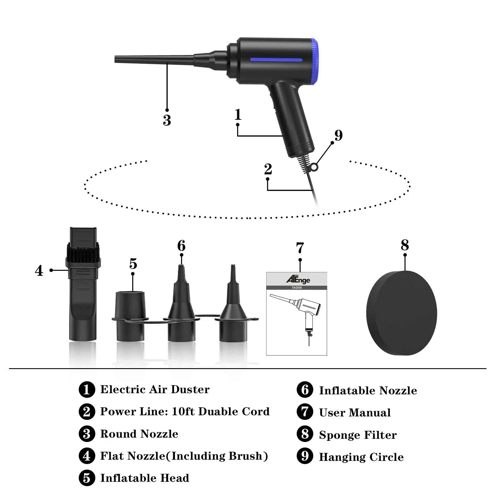 Compressed Air Can Duster 500W Electric Air Duster, Air Blower Replaces Canned Air Spray for PC Computer Keyboard Home Cleaner 6