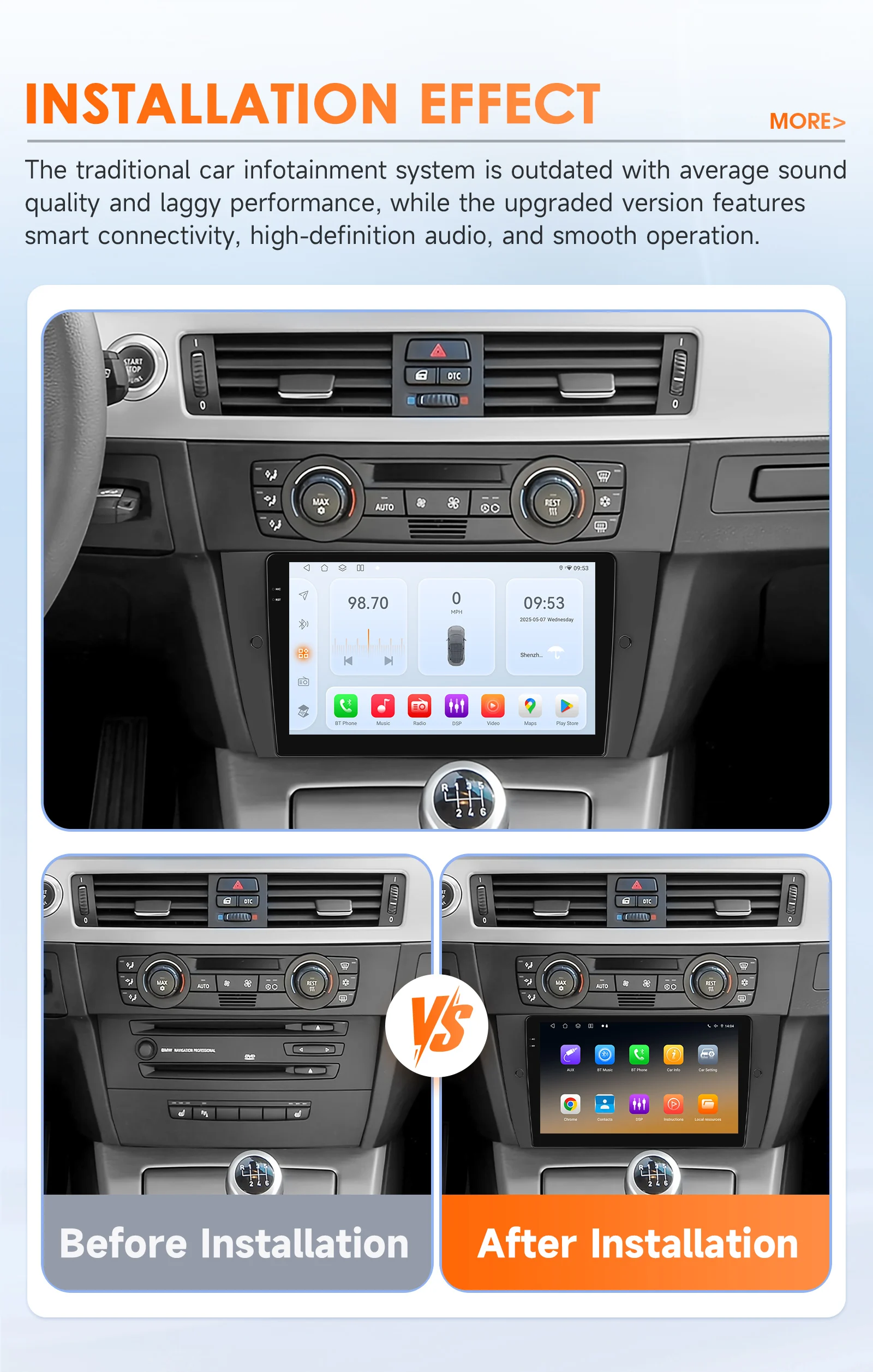 Hizpo Car Android 14 Multimedia Radio Player for BMW 3 Series E90 E91 E92 E93 2006-2012 GPS Navigation Stereo Audio Head Unit
