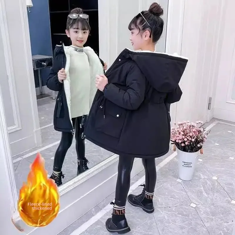 Drawstring fleece-lined thick cotton-padded coat Black