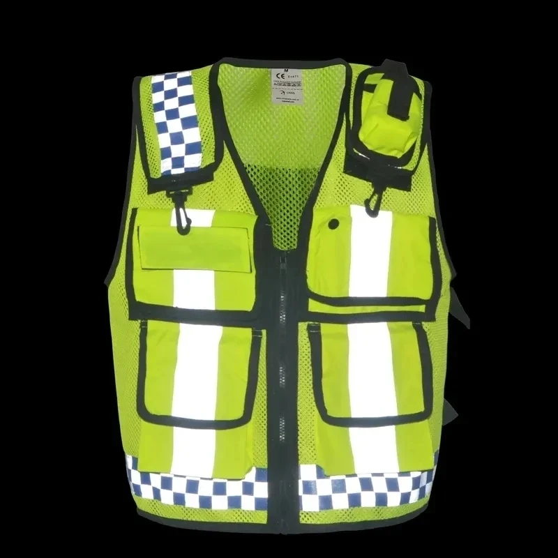 Reflective Safety Vest Police Reflective Vest High Visibility Reflective Bonded Multiple Pockets Vest Mens Construction Worker Night Runner Safety