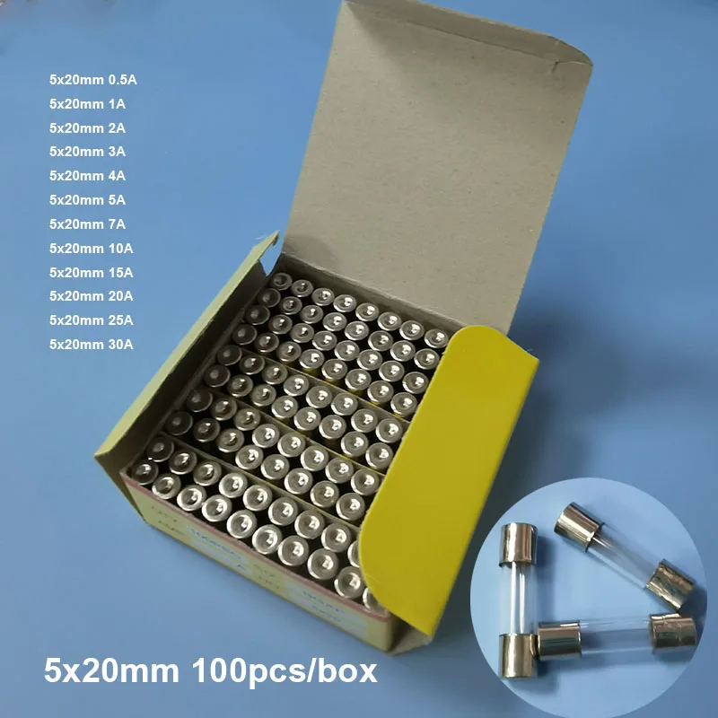 

100 шт./коробка 5 мм x 20 мм Стеклянная трубка быстрораздувной предохранитель 5*20 быстрая страховка от выдува 5x20 мм 250 в A/1A/2A/3A/4A/5A/7A/10A/15A/20A/30A 2 см r1