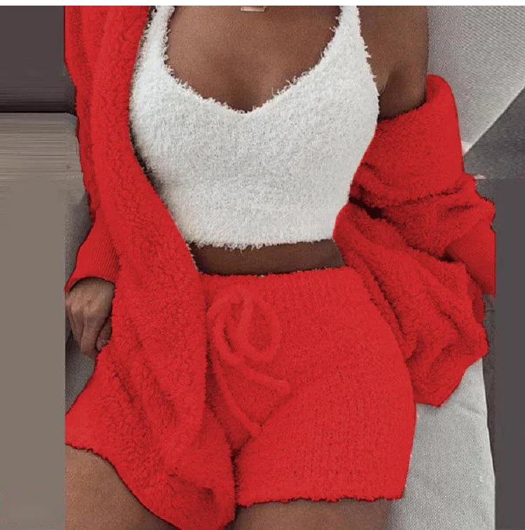 Sexy Fluffy Outfits Plush Velvet Hooded Cardigan Coat+Shorts+Crop Top Three Piece  Women Tracksuit Sets Casual Sports Sweatshirt loungewear sets