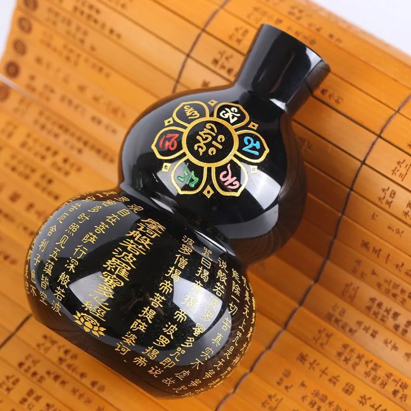 AAA+ 100% 8cm black obsidian Buddhism The six syllable Mantra Gourd black obsidian Om Mani Padme hum Buddhism Gourd buddhist 3