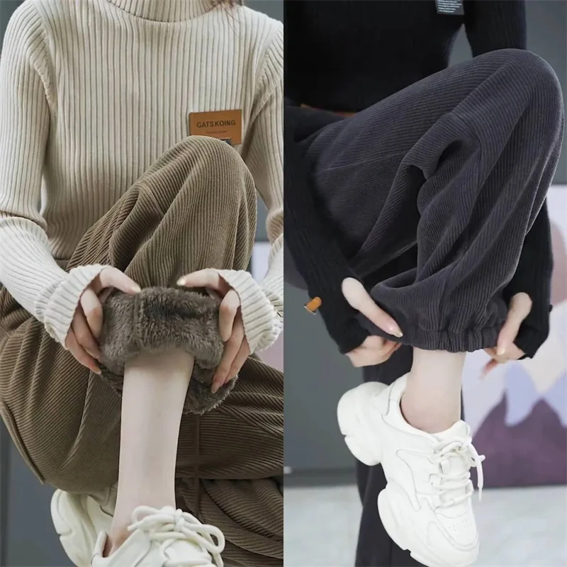 Autumn Winter New Korean Fashion Plus Velvet Thickened Wide Leg Pants Women  High Waist Straight Warm Loose Trousers