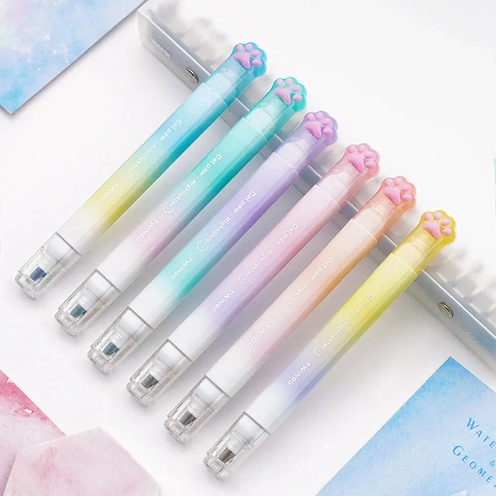 Twingo Cat's Paw Highlighter Double-ended Two-color Gradient Ins High-Value Handbook Marker Pen Student Supplies 6pcs/box highlighter pen marker pen highlighter marker