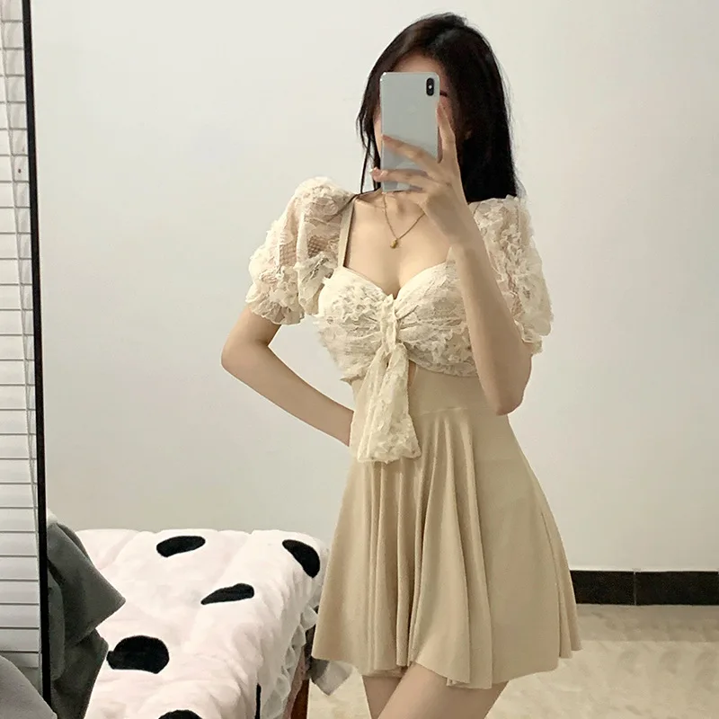 

Wisuwore 2023 New Women's One Piece Swimsuit Lace Bubble Sleeve Swimsuit Conservative Body Covering Slim Hot Spring Swimsuit