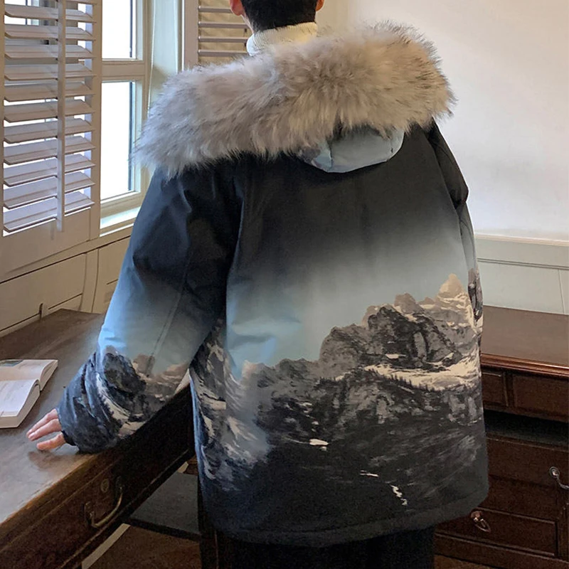 Oversized Men's 2023 Winter Warm Hooded Duck Down Jackets Outdoor Fur Collar Puffer Coat Streetwear Loose Snow Thick Down Parkas