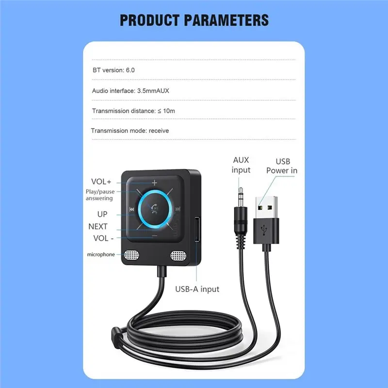 B03B-무선 블루투스 6.0 차량용 어댑터 듀얼 마이크 USB 3.5Mm AUX 어댑터 블루투스 수신기
