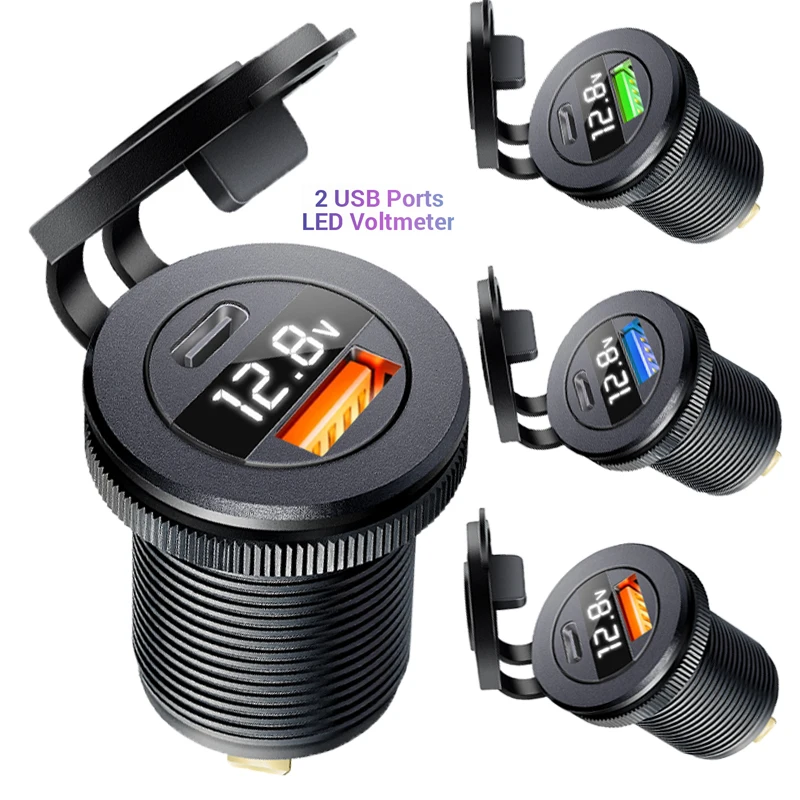Car usb socket Type C 12v with voltmeter Car Usb C Charger adapter12V/24V Dual USB Outlet PD3.0