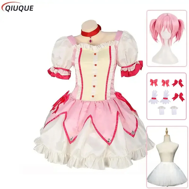 Puella Magi Madoka Magica Cosplay Costume Wig Petticoat Kaname Madoka Pink Short Ball Dress Halloween Party Uniform Outfit