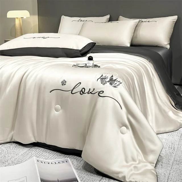 Couette brodée haut de gamme pour printemps et été, ensemble de 3 ou 1 pièce, couverture d'été de luxe, respectueuse de la peau, couette légère, Queen King 4