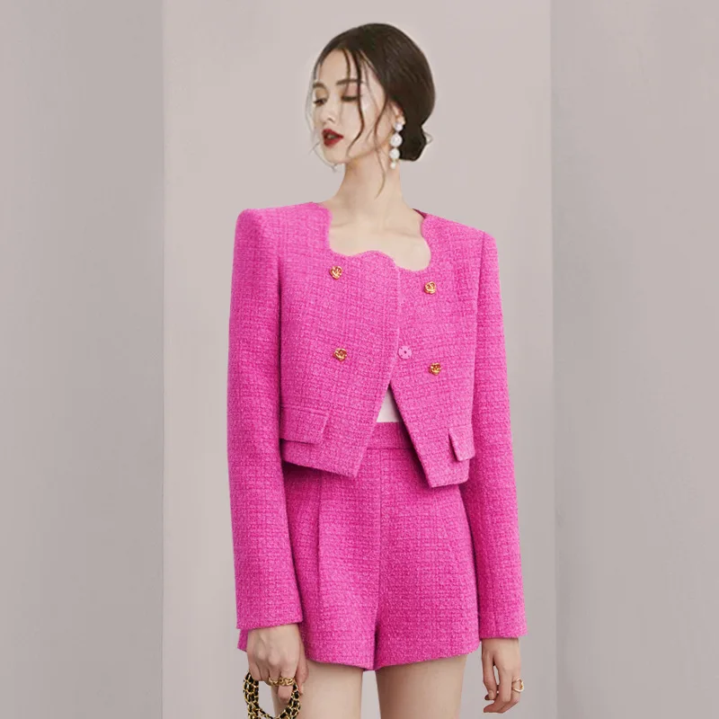 

2023 Autumn Women's New Rose Red Small Fragrance Casual Suit Sense Of Design Lace Collar Blazer Jacket Shorts Two-piece Set