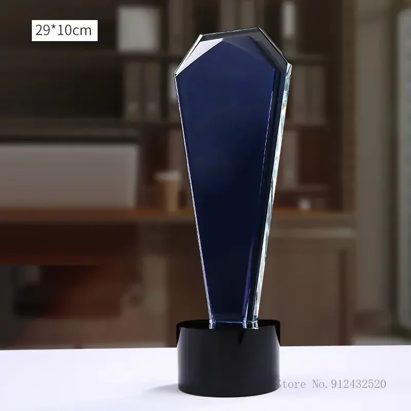 Customization Creative Blue Transparent Crystal Trophy Outstanding Employee Annual Meeting Honor Award Engraved Medal Decor, 1Pc