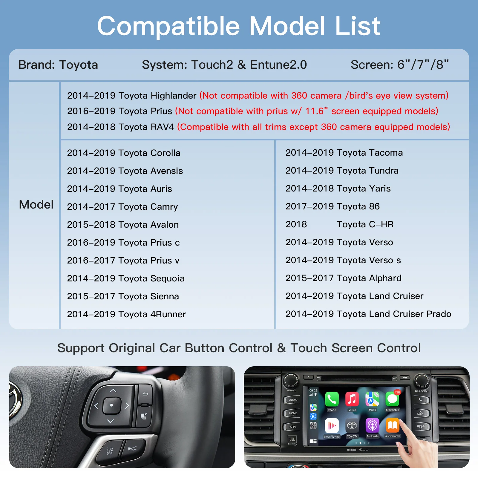 Wireless  Carplay Android Auto For TOYOTA touch2 Corolla Camry yaris CHR Auris RAV4 Prius Highlander 2014-2019  Car Decoder