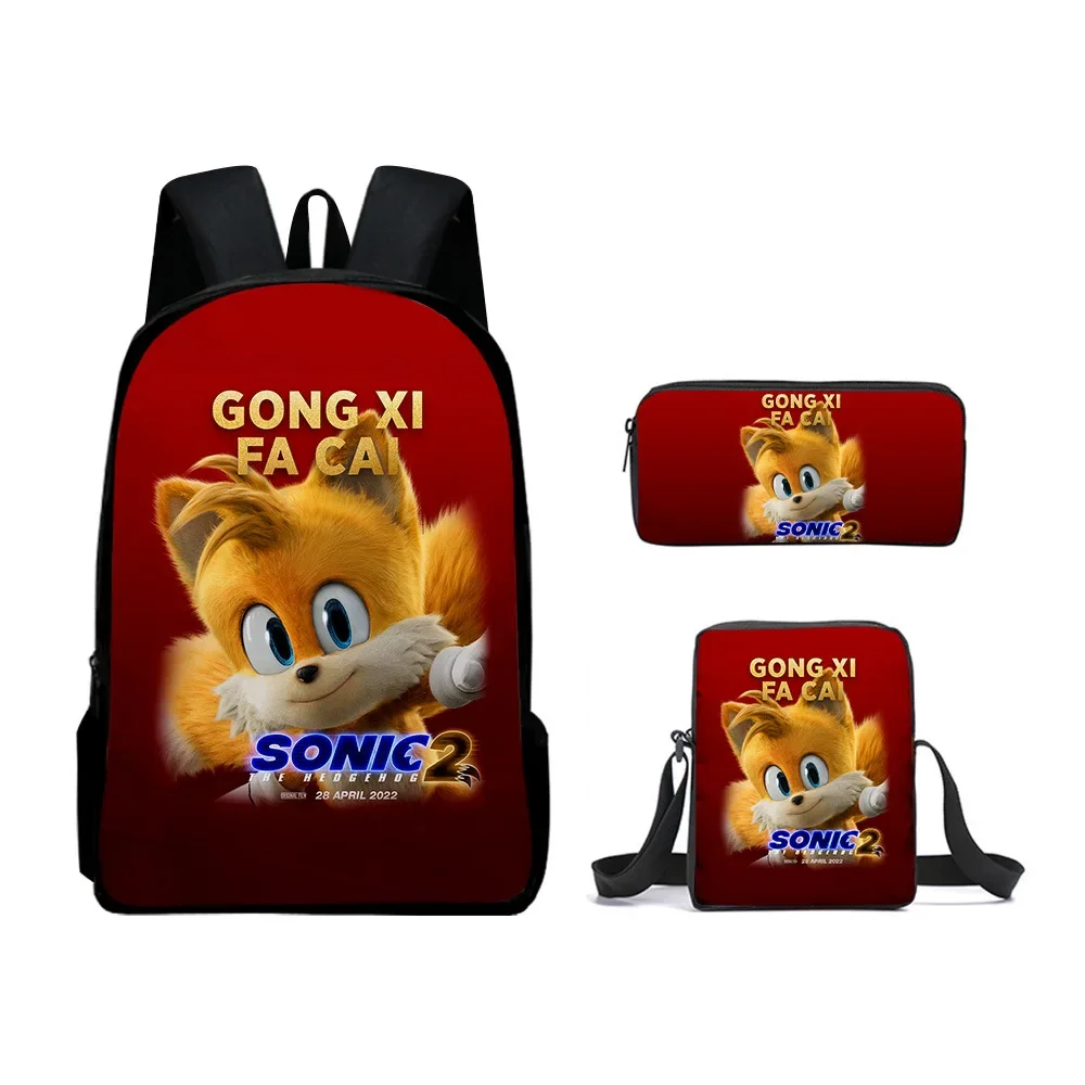 

Three-piece School Bag Set 3D Sonic The Hedgehog 2 Movie Backpack Shoulder Bag Pencil Case Zipper Backpack Outdoor Sports Bag