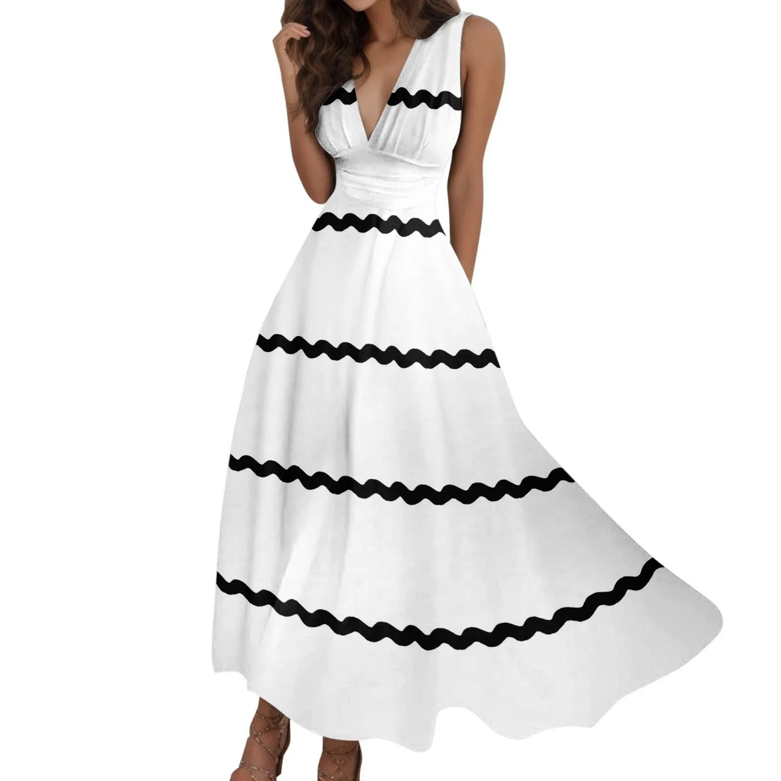 

Women'S Summer Dress Casual Sleeveless V Neck Flowy Beach Vacation Long Dress Wavy Splicing Solid Color Date Tank Maxi Dress