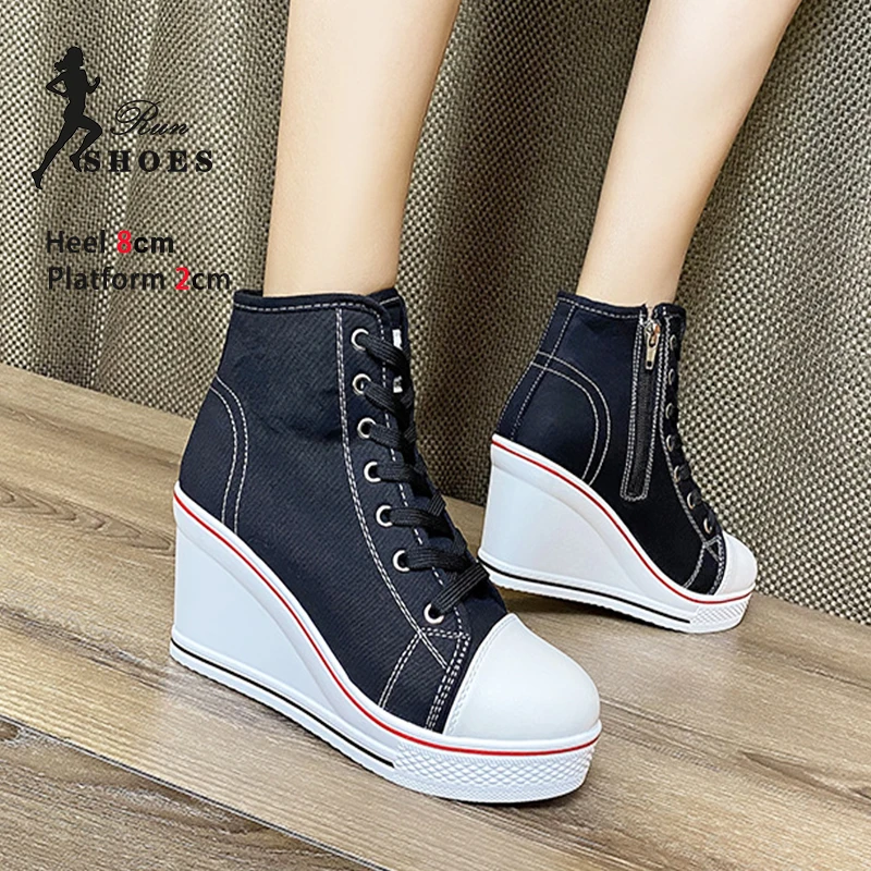 Canvas Wedge Sneakers Voor Vrouwen - Mode Schoenen Slip-On Hoge Top Met Rubber Zool Platform - 06 Zwart, 39.5 EU