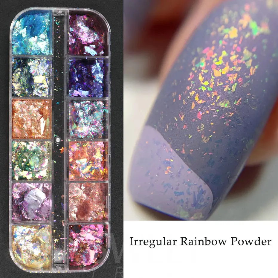 12Grid Aurora Ice Crystal Opal Powder Nail Glitter Iridescent Dust Charm Nail Flakes Slice Sparkly Brocade Sequin Manicure BEYFH