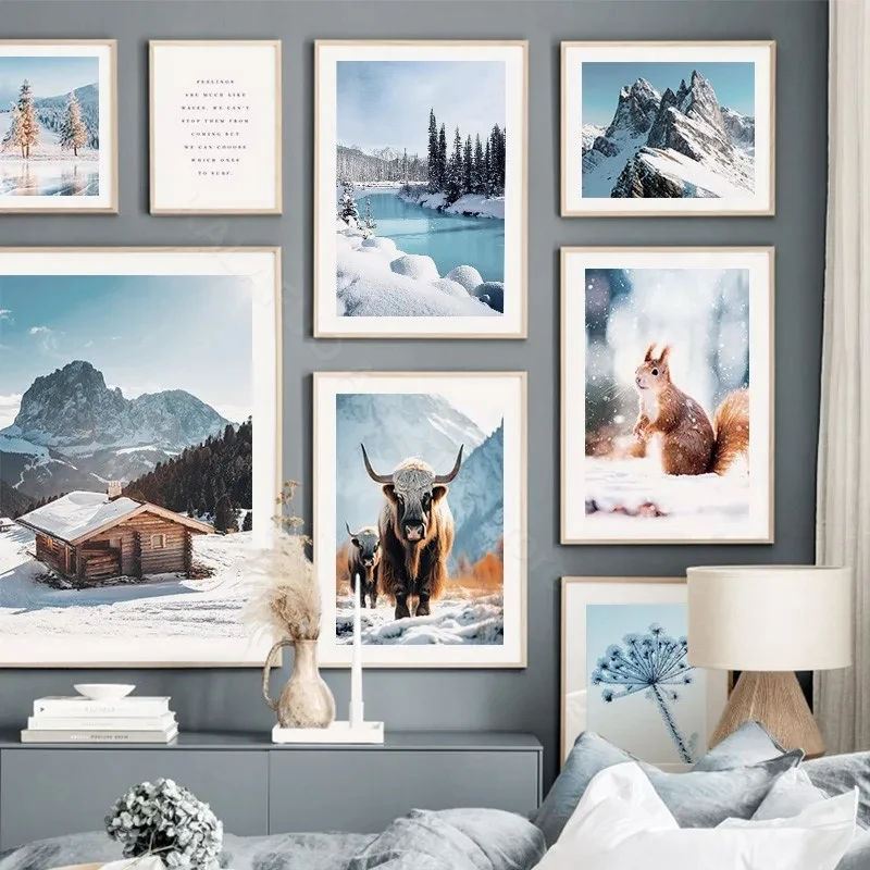 Modern Art Canvas Painting Blue Sky Lake Landscape Poster Snow Mountain Highland Bull Squirrel Picture Living Room Decoration