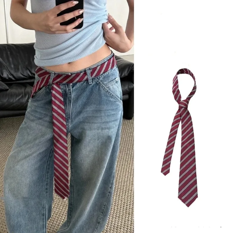 American Retro Striped Tie Fashion Long Plaid Waist Belt Personality Trendy Hairband Jeans Necktie Scarf Decor Dress Accessory