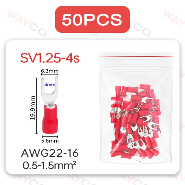 50PCS Fork Crimp Terminal M4/M5/M6 Spade Plugs Preinsulated Ferrules