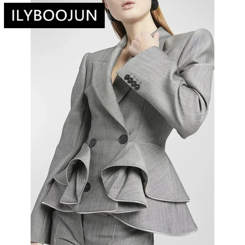 

ILYBOOJUN Solid Patchwork Ruffles Slimming Blazers For Women Notched Collar Long Sleeve Spliced Double Breast Blazer Female