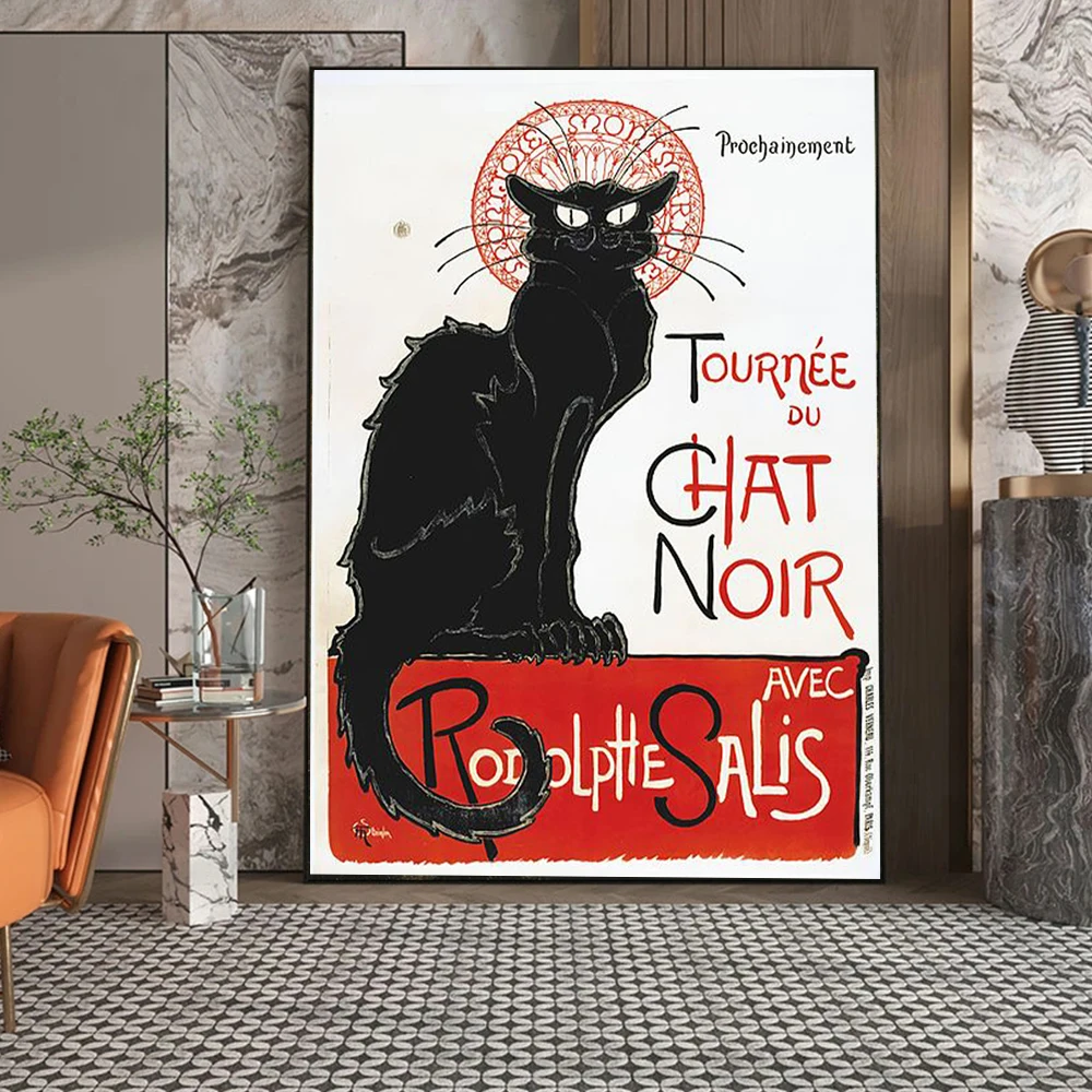 Black Cat Illustration Vintage Poster Prints For Living Room Home Decor Cartoon Le Chat Noir Retro Canvas Painting Wall Art