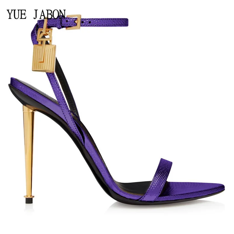 

New Hollow Out Buckle Lock Leather Shoes Nubuck Solid Snakeskin Python Thin High Heel Sandals Lady Sexy High Heels Banquet Shoes
