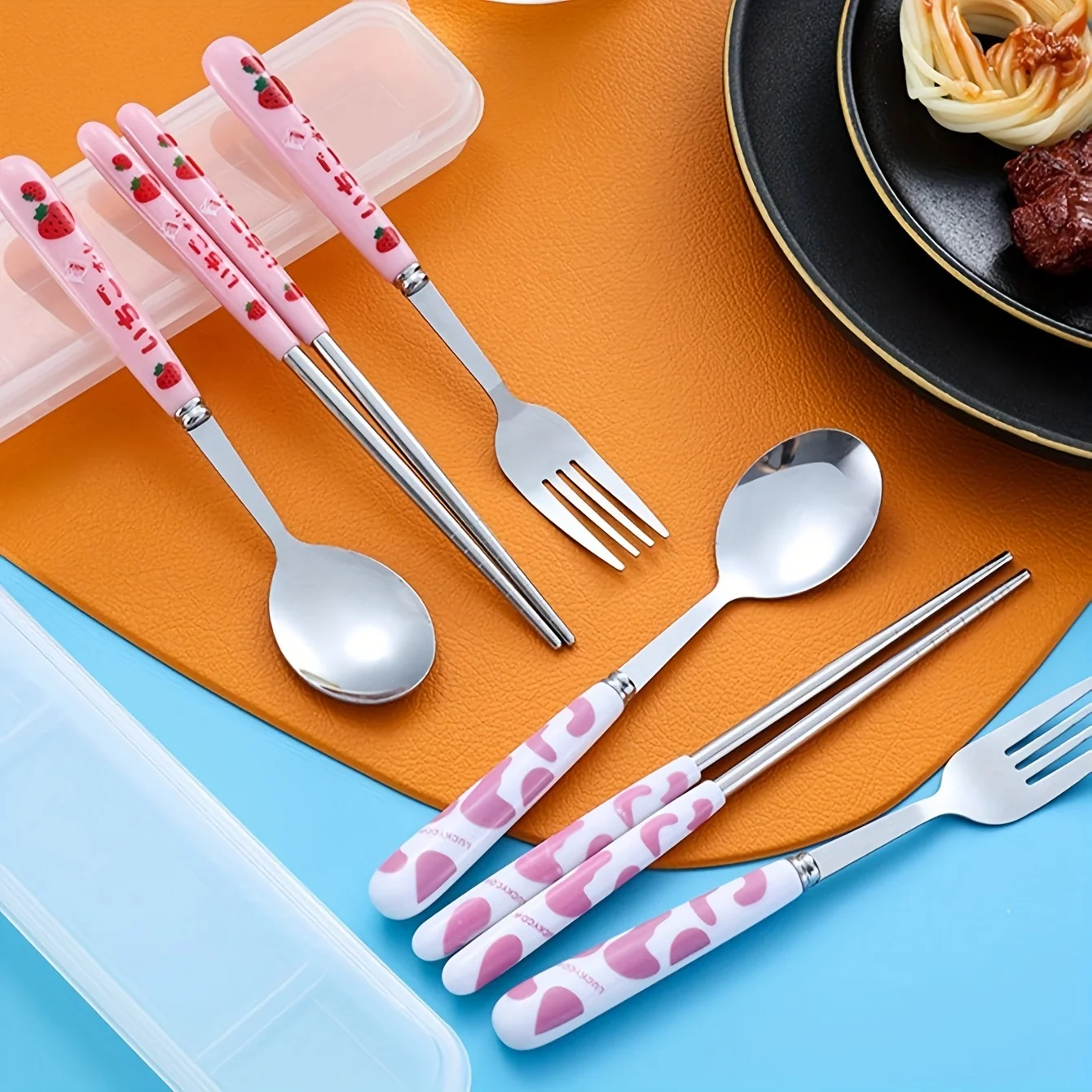 1Set -Steel Knifes Fork Spoon Set Family Travel Camping Cutlery Eyeful Dinnerware Set with Case(Spoon+Forks+Chopstick+Case))