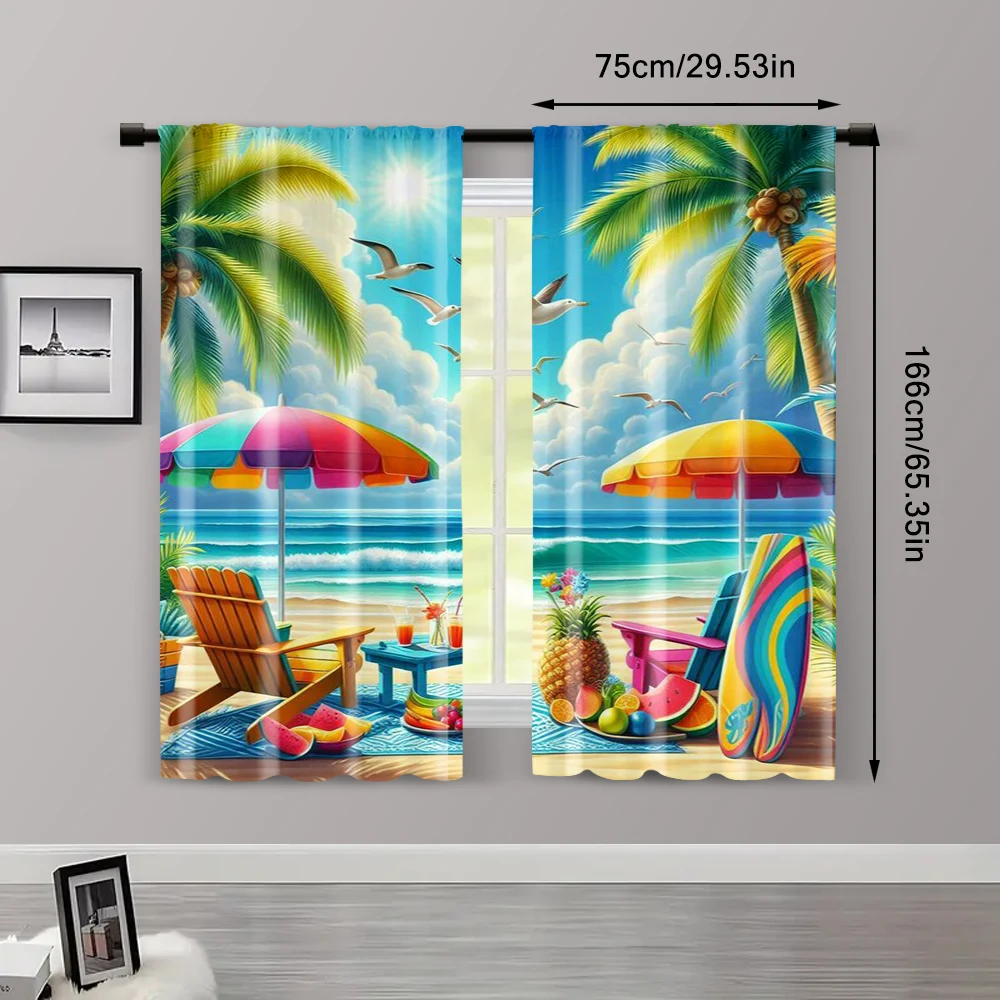 2pc,  Curtains Tropical Beach Surfboard Versatile Polyester,Without Electricity Birthday Party Applies to Parties and Everyday 3