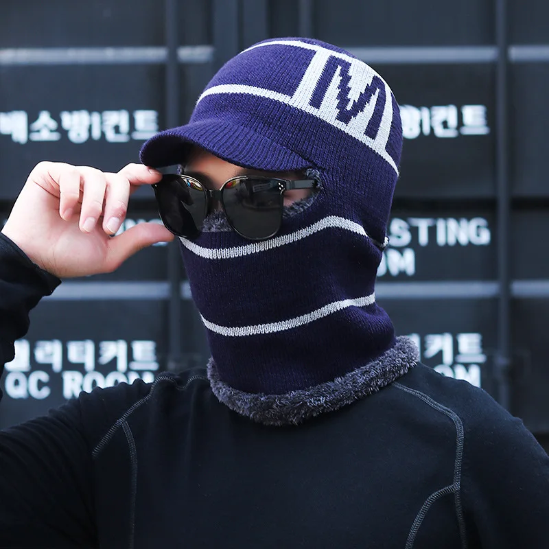 

Men's Letter Visor Plush Beanies Mask Winter Velvet Thicken Knitted Balaclava Hats for Women Warm Scarf Windproof Bonnet Caps
