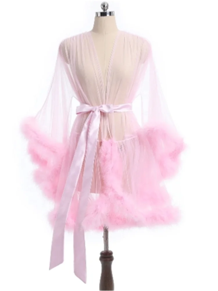 Sexy Feather Robe Seductive Mesh Perspective Sex Fur Bathrobe Passionate Waist Tightening Robe Dressing Gown women sleepwear silk robe sleepwear pajamas
