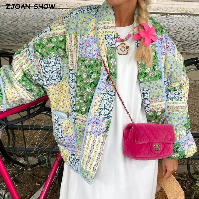 2023 Autumn Winter Green Blue Flower Print Lapel Quilted Coat Ethnic Women Quilting Full Sleeve Warm Loose Jacket Retro Outwear ароматический диффузор 80 мл silky blue flower petals endearment