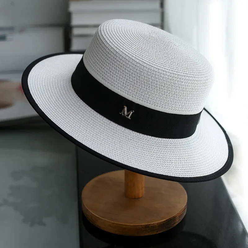 Chapeaux de soleil à bord plat avec lettre M en strass pour l'extérieur, chapeau melon d'été pour femmes, casquette de paille pour voyage et shopping_voghion.com