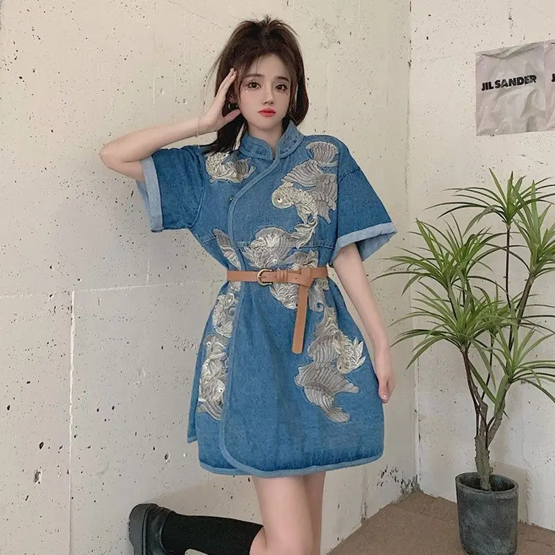 

Cotton Linen Cheongsam Chinese Style Women's Blue Print Slanted Lapels Tang Dresses Short Improved Dress for Small Girls