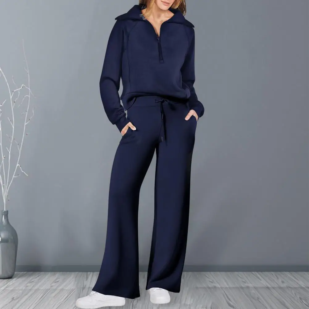 

2Pcs/Set Women Casual Outfit Lapel Zipper Neckline Long Sleeve Sweatshirt Elastic Waist Drawstring Wide Leg Pants Set