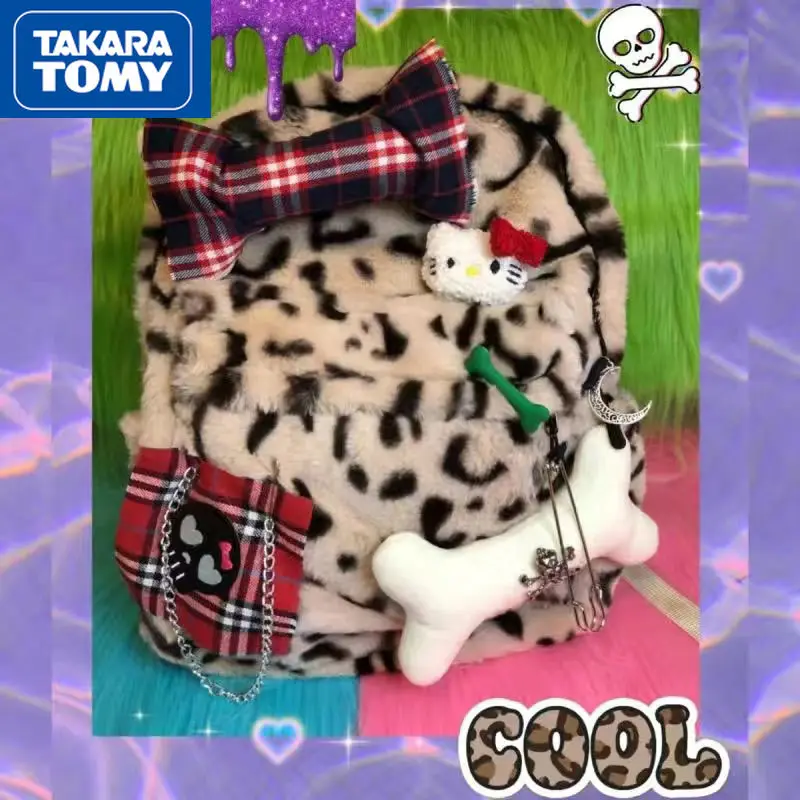 

TAKARA TOMY Handmade New Hello Kitty Boys and Girls Plush Leopard Print Casual Backpack Students Cute Large-capacity School Bag
